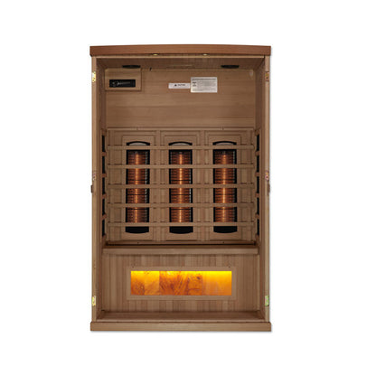 Golden Designs 2-Person Full Spectrum PureTech™ Near Zero EMF FAR Infrared Sauna with Himalayan Salt Bar (Canadian Hemlock)