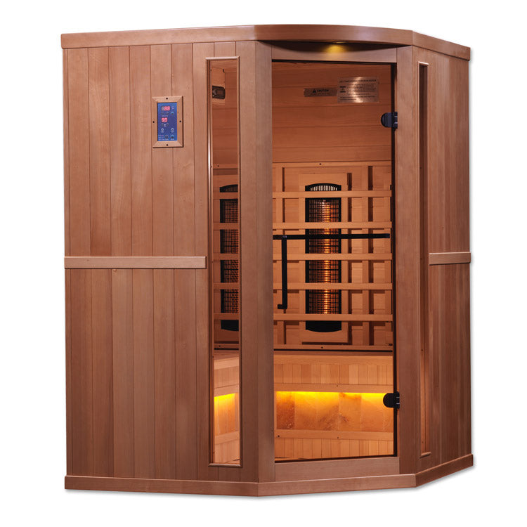 Golden Designs 3-Person Corner Full Spectrum PureTech™ Near Zero EMF FAR Infrared Sauna with Himalayan Salt Bar (Canadian Hemlock)