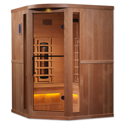 Golden Designs 3-Person Corner Full Spectrum PureTech™ Near Zero EMF FAR Infrared Sauna with Himalayan Salt Bar (Canadian Hemlock)